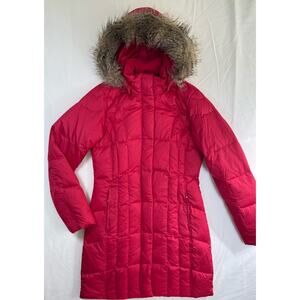 EDDIE BAUER Sz XS 550 Down Mid Length Pink Puffer Parka Fur Trimmed Hood